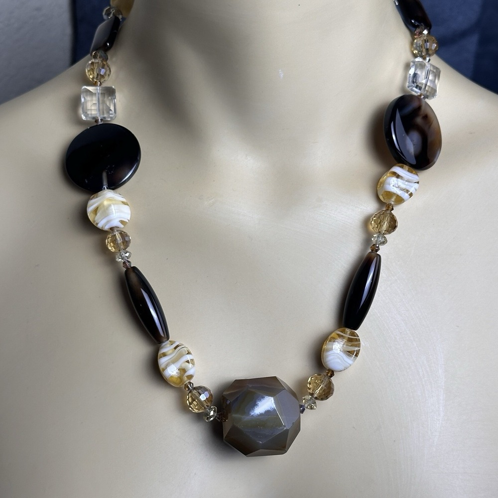Vintage Artisan Necklace 20‎ Inch Polished Agate Art Glass Beads Chunky Toggle